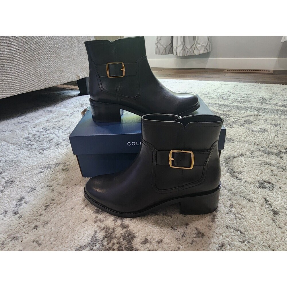 Cole Haan Black Leather Thayer Buckle Ankle Boot Booties Women's 6.5B Black New